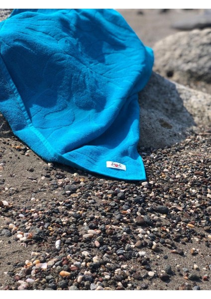 Botanik Yaprak Desenli Turkuaz Kadife Plaj Havlusu 80x160cm Pamuk