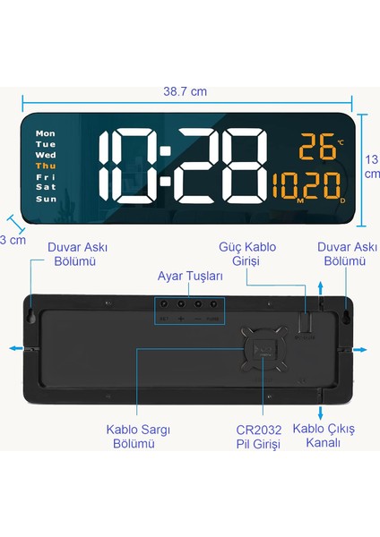 Kumandalı Büyük Hd LED Ekranlı Dijital Masa Duvar Saati Elektronik Saat Sıcaklık Tarih Turuncu
