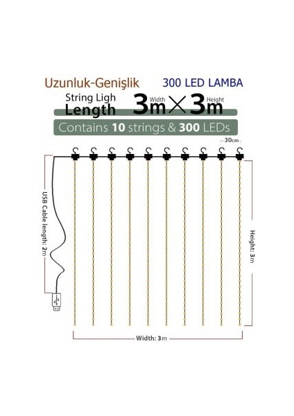 8 Fonksiyonlu Peri Perde LED Uzaktan Kumandalı Günışığı Perde Peri LED (3 mt x 3 Mt)