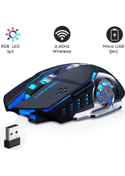 TW-Q13 Kablosuz Sessiz Rgb LED Işıklı Şarjlı Ergonomik 2400DPI Gaming Mouse Siyah