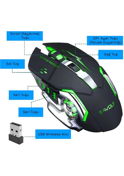 TW-Q13 Kablosuz Sessiz Rgb LED Işıklı Şarjlı Ergonomik 2400DPI Gaming Mouse Siyah