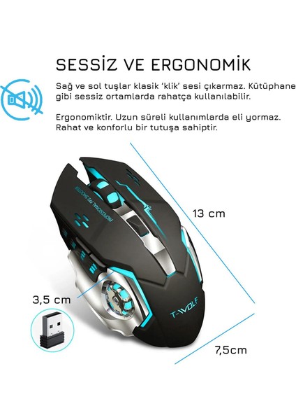 TW-Q13 Kablosuz Sessiz Rgb LED Işıklı Şarjlı Ergonomik 2400DPI Gaming Mouse Siyah