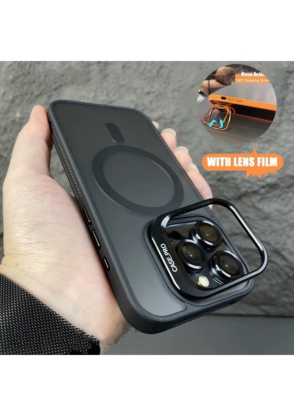iPhone 16 Pro Max Kılıf + Lens Koruyucu Magsafe ve Stant Özellikli Arkası Mat Sert Pc Leke Yapmaz