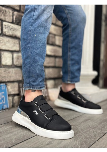BA0329 3 Bant Siyah Gümüş Detaylı Kalın Taban Casual Erkek Ayakkabı