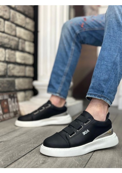 BA0329 3 Bant Siyah Gümüş Detaylı Kalın Taban Casual Erkek Ayakkabı