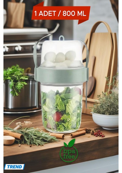 1 Adet Diyet & Kahvaltı Için Çatal & Kaşıklı Kapaklı Yoğurt Müsli Salata Meyve Saklama Kabı - 800 ml