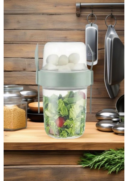 1 Adet Diyet & Kahvaltı Için Çatal & Kaşıklı Kapaklı Yoğurt Müsli Salata Meyve Saklama Kabı - 800 ml
