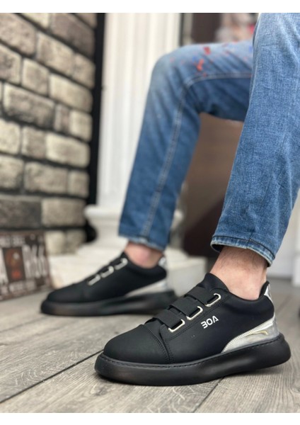 BA0329 3 Bant Siyah Tabanlı Gümüş Detaylı Kalın Taban Casual Erkek Ayakkabı