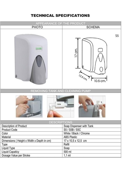 Tekno Trust Vialli S5 Hazneli Sıvı Sabun Bulaşık Deterjan Şampuan Duş Jeli Dezenfektan Dispenseri Beyaz 500 ml