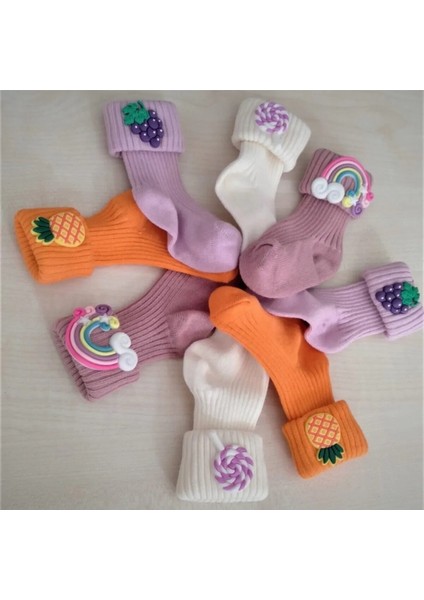 Figürlü Kız Çocuk Çorapları %100 Pamuklu Yumuşak Doku 4'lü Paket Renkli Desenler