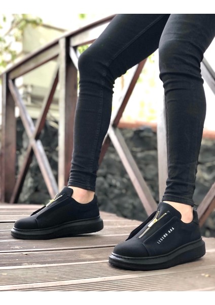 BA0310 Boa Kalın Yüksek Taban Fermuarlı Siyah Siyah Erkek Ayakkabı