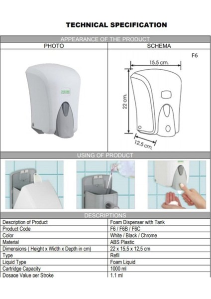 Tekno Trust Vialli F6 Hazneli Köpük Sabun Dispenseri Aparatı 1000 ml Beyaz fiyatları