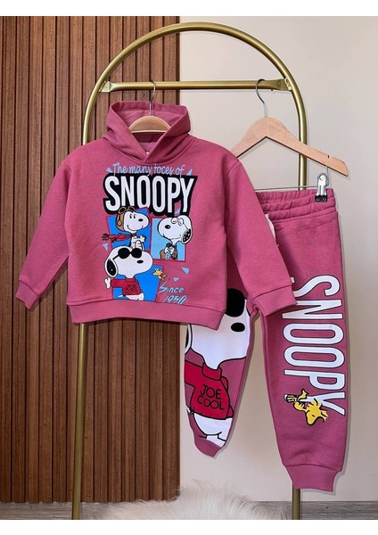 Snoopy Baskılı Kapüşonlu Sweatshirt Alt 2'li Takım