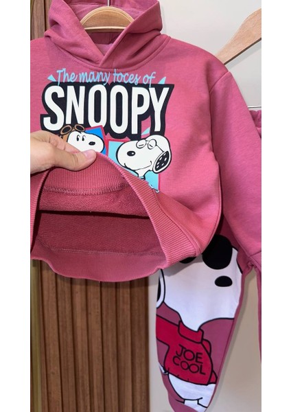 Snoopy Baskılı Kapüşonlu Sweatshirt Alt 2'li Takım