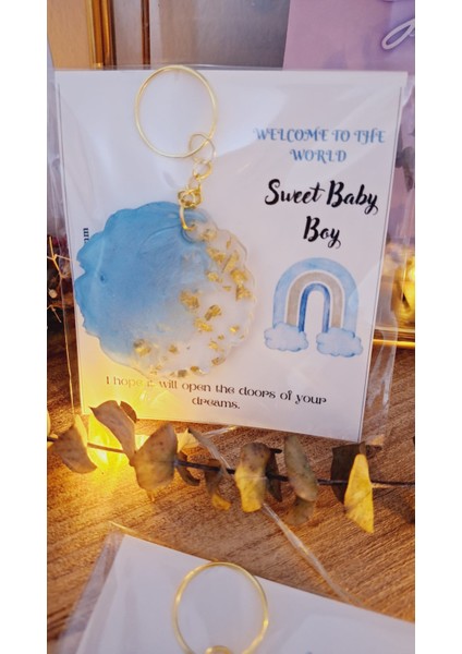 Sevgiliatolyemm Sweet Baby Gökkuşağı Kartlı Mavi Yuvarlak Anahtarlık 10 Adet Doğum Günü Babyshower