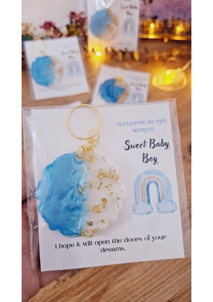 Sevgiliatolyemm Sweet Baby Gökkuşağı Kartlı Mavi Yuvarlak Anahtarlık 10 Adet Doğum Günü Babyshower