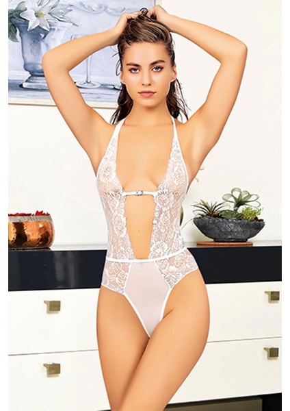 Beyaz Taşlı Bodysuit - 889