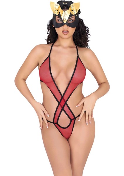 Kırmızı Lcralı Tül Bodysuit - 935