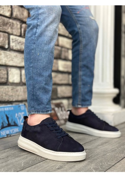 BA0336 Içi Dışı Hakiki Nubuk Deri Lacivert Bağcıklı Casual Erkek Ayakkabı