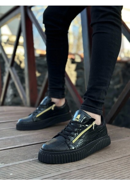 SNR-308 Boa Kalın Yüksek Taban Çift Fermuarlı Siyah Siyah Erkek Ayakkabı