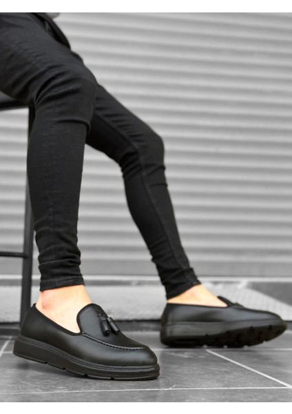 BA0005 Bağcıksız Yüksek Siyah Taban Klasik Cilt Deri Püsküllü Corcik Erkek Ayakkabı modelleri