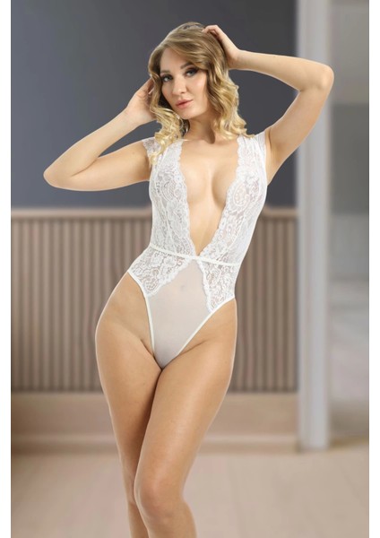 Beyaz Yarım Kol Dantel Bodysuit - 894