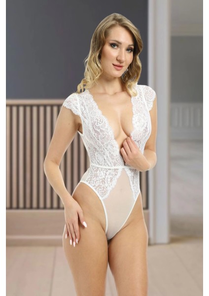 Beyaz Yarım Kol Dantel Bodysuit - 894