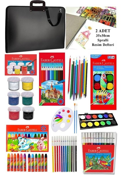 Öğrenci Boyama Seti 11 Parça 1 Paket 35X50 Resim Çantası Resim Defter Faber Sulu Boya Kuru Boya Pastel Boya Keçeli Kalem