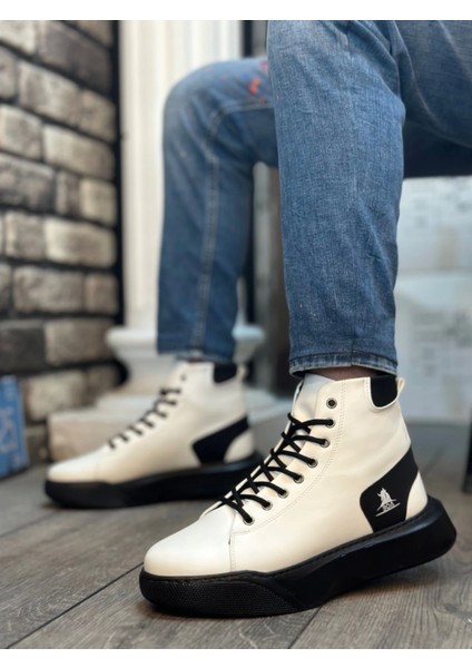 BA0155 Bağcıklı Erkek Yüksek Taban Beyaz Siyah Taban Spor Bot