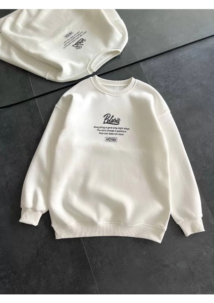 Kışlık Bisiklet Yaka Ön ve Arka Baskılı Sweatshirt - Beyaz