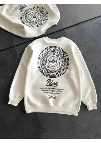 Kışlık Bisiklet Yaka Ön ve Arka Baskılı Sweatshirt - Beyaz