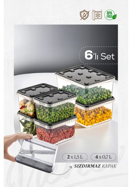 6lı 2x(1,5 Lt)-4x(0,7 Lt) Block Buzdolabı ve Derin Dondurucu Sızdırmaz Saklama Kabı Şeffaf Antrasit