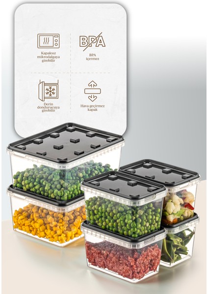 6lı 2x(1,5 Lt)-4x(0,7 Lt) Block Buzdolabı ve Derin Dondurucu Sızdırmaz Saklama Kabı Şeffaf Antrasit