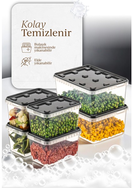 6lı 2x(1,5 Lt)-4x(0,7 Lt) Block Buzdolabı ve Derin Dondurucu Sızdırmaz Saklama Kabı Şeffaf Antrasit
