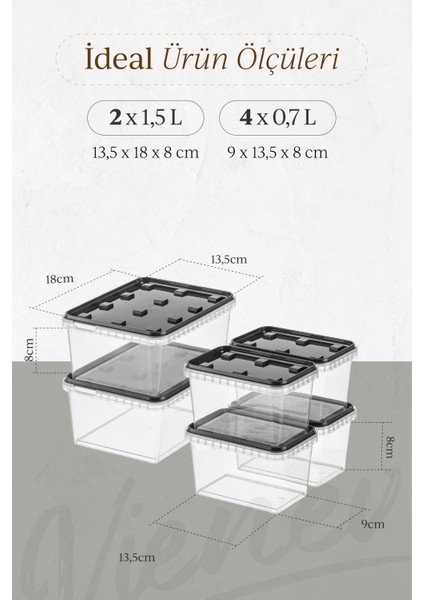 6lı 2x(1,5 Lt)-4x(0,7 Lt) Block Buzdolabı ve Derin Dondurucu Sızdırmaz Saklama Kabı Şeffaf Antrasit
