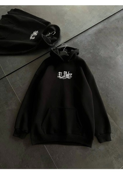 Üç Iplik Penye Uzun Kol Kapşonlu Baskılı Sweatshirt - Siyah