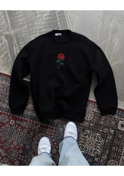 Oversize Üç Iplik Bisiklet Yaka Baskılı Sweatshirt - Siyah