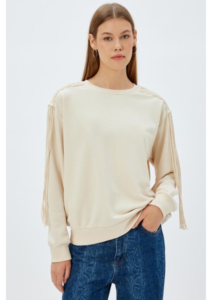 Kadın Püsküllü Sweatshirt Kroşe Detaylı Üç Iplik Yuvarlak Yaka Uzun Kollu 5WAK10131EK