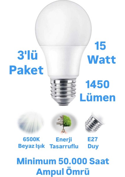 ACK 15W Beyaz Işık LED Ampul 1450 Lümen E27 Duylu Yüksek Işık LED Lamba
