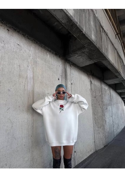 Oversize Üç Iplik Bisiklet Yaka Baskılı Sweatshirt - Beyaz