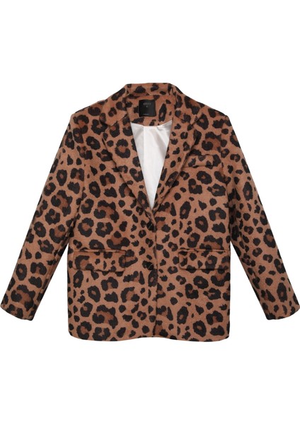 Leopar Desenli Oversize Kaşe Blazer Ceket Camel