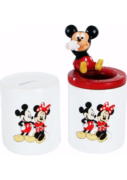 Beyaz Mickey ve Minnie Mouse tasarımlı kalemlik ve kumbara seti