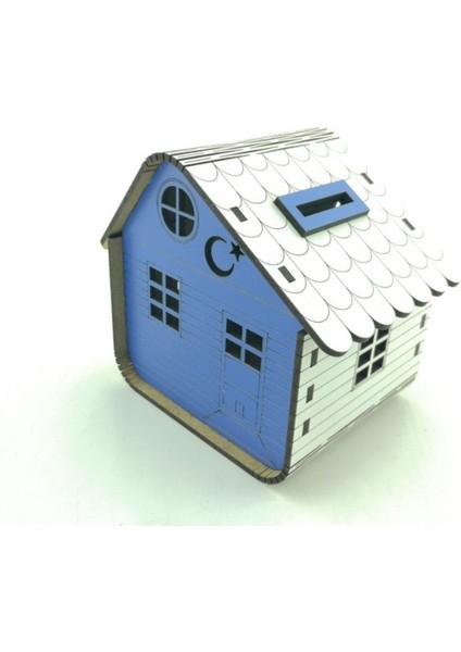 Mini Ahşap Ev Kumbara, Mavi ve Beyaz Renk, Şık ve Sevimli Tasarım