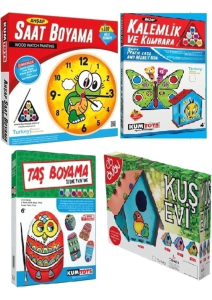 Kalemlik ve Kumbara Boyama+Saat Boyama+Kuş Evi Boyama+Taş Boyama 4lü Boyama Sanatı Seti