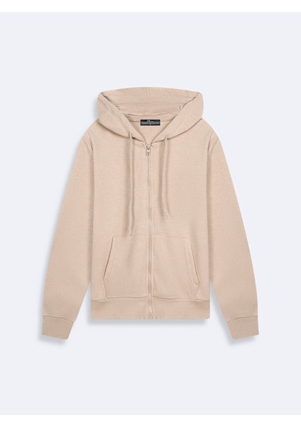 Kadın Kapüşonlu Fermuarlı Bej Sweatshırt