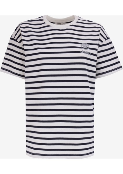 Bisiklet Yaka Çizgili Lacivert - Beyaz Kadın T-Shirt C4WL-TST4010