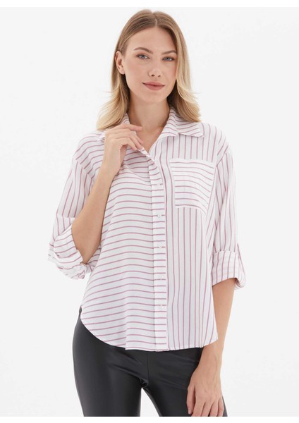 Gömlek Yaka Çizgili Mor Kadın Bluz 24KSL8947