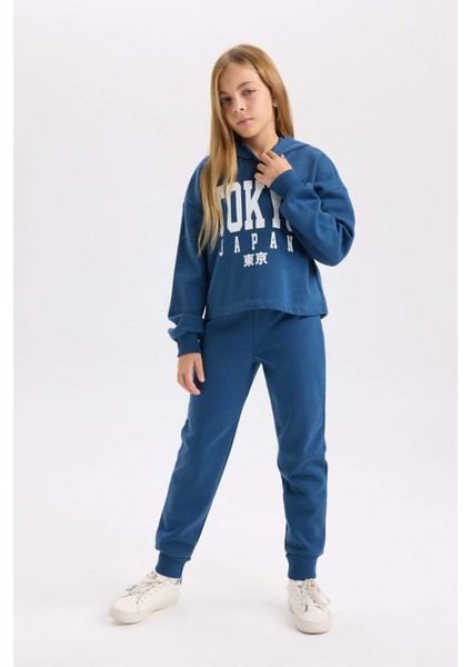Kız Çocuk 2'li Takım Bisiklet Yaka Baskılı Kalın Sweatshirt Beli Lastikli Jogger Eşofman Altı D2217A824WN