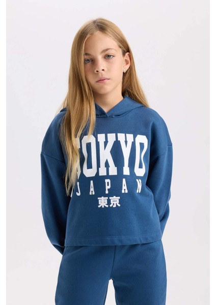 Kız Çocuk 2'li Takım Bisiklet Yaka Baskılı Kalın Sweatshirt Beli Lastikli Jogger Eşofman Altı D2217A824WN