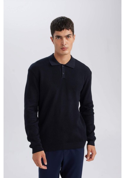 Lacivert Standart Fit Polo Yaka Düğmeli Triko Kazak D1959AX24AU